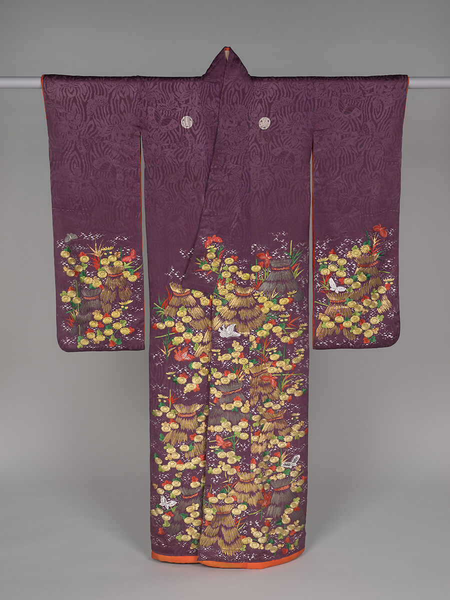 Over robe (uchikake) with chrysanthemums, butterflies, and sheaves of rice straw, Figured satin-weave silk with paste-resist dyeing, silk embroidery, and couched gold thread, Japan