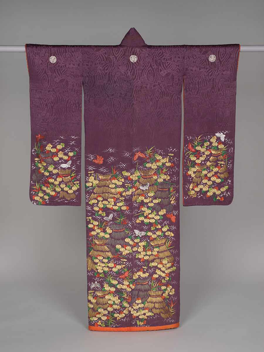 Over robe (uchikake) with chrysanthemums, butterflies, and sheaves of rice straw, Figured satin-weave silk with paste-resist dyeing, silk embroidery, and couched gold thread, Japan