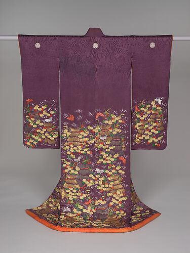 Over robe (uchikake) with chrysanthemums, butterflies, and sheaves of rice straw
