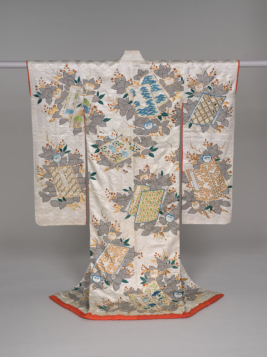 Over robe (uchikake) with mandarin orange branches and books, Figured satin-weave silk with stencil-dyed dots, silk embroidery, and couched gold thread, Japan 