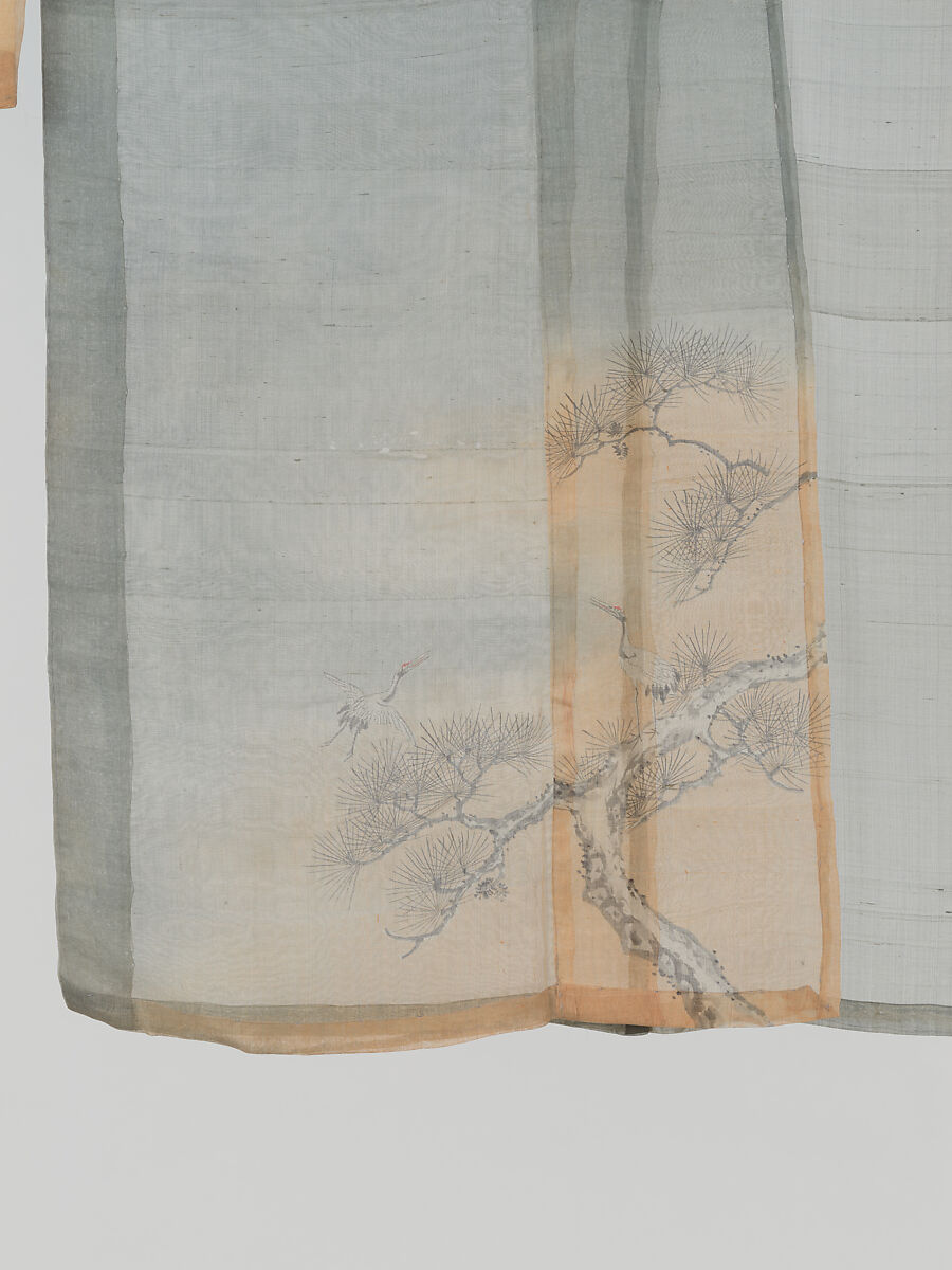 Summer robe (hito-e) with cranes and pines, Plain-weave silk with paste-resist dyeing, Japan