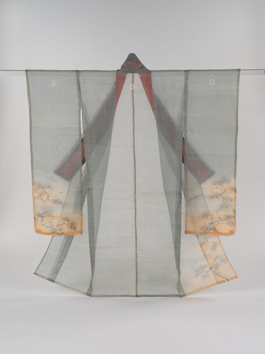 Summer robe (hito-e) with cranes and pines, Plain-weave silk with paste-resist dyeing, Japan 