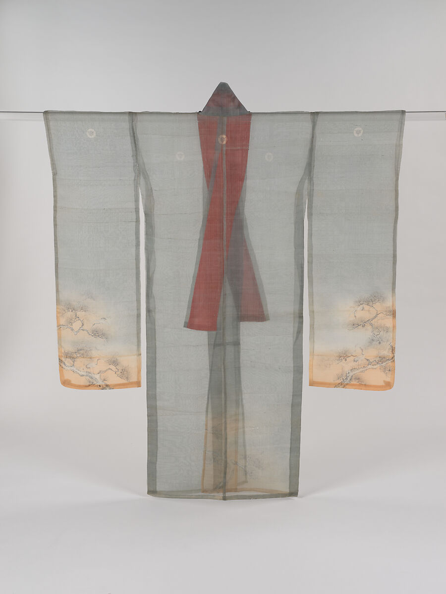 Summer robe (hito-e) with cranes and pines, Plain-weave silk with paste-resist dyeing, Japan