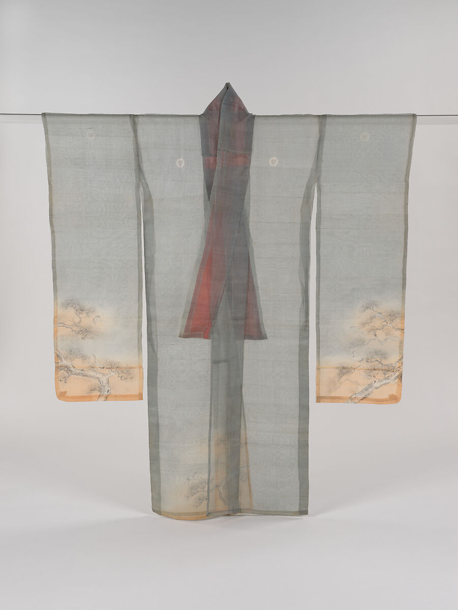 Summer robe (hito-e) with cranes and pines, Plain-weave silk with paste-resist dyeing, Japan