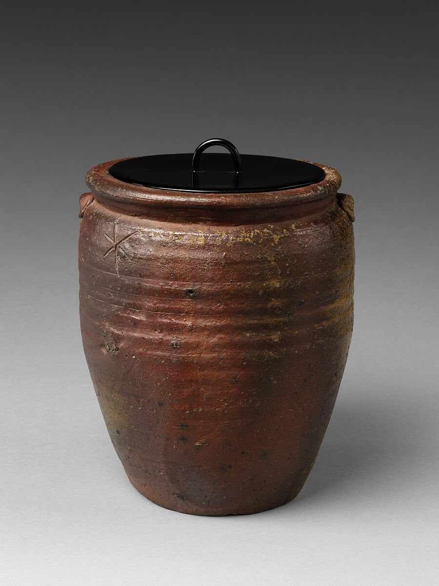 Freshwater Jar (Mizusashi) in the Shape of a Seed Jar (Tane-tsubo), Stoneware with natural ash glaze (Bizen ware, Ko-Bizen type); black-lacquered wooden lid, Japan