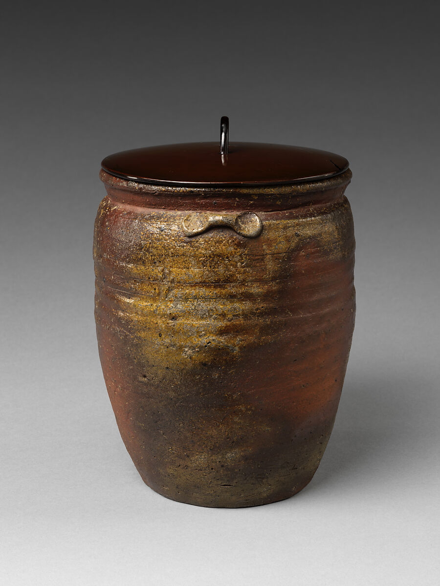 Freshwater Jar (Mizusashi) in the Shape of a Seed Jar (Tane-tsubo), Stoneware with natural ash glaze (Bizen ware, Ko-Bizen type); black-lacquered wooden lid, Japan