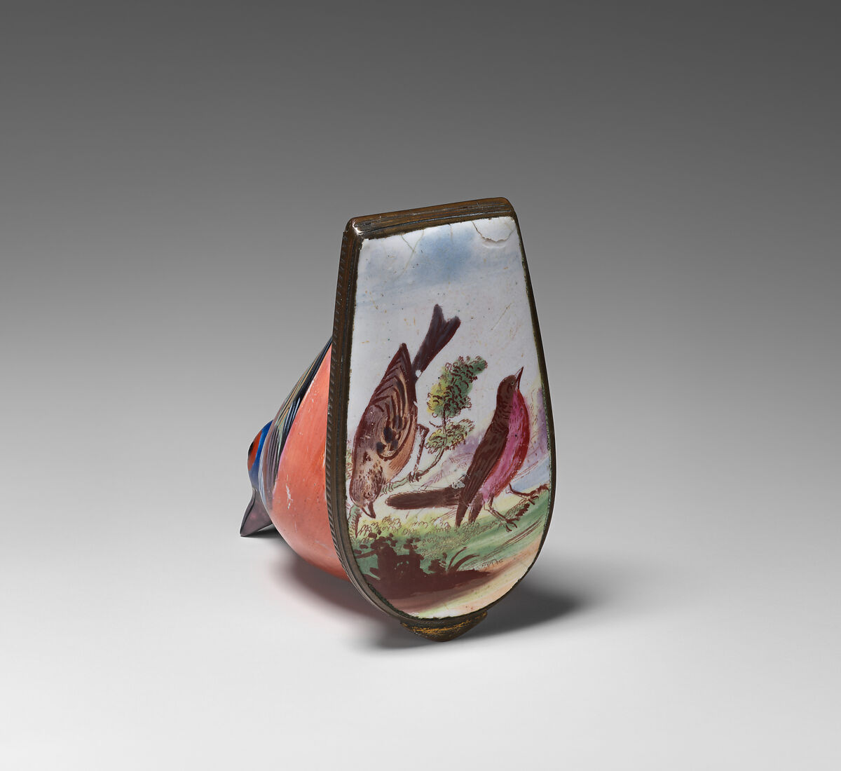 Bonbonnière in the form of a bird, Enamel on copper, British, possibly South Staffordshire