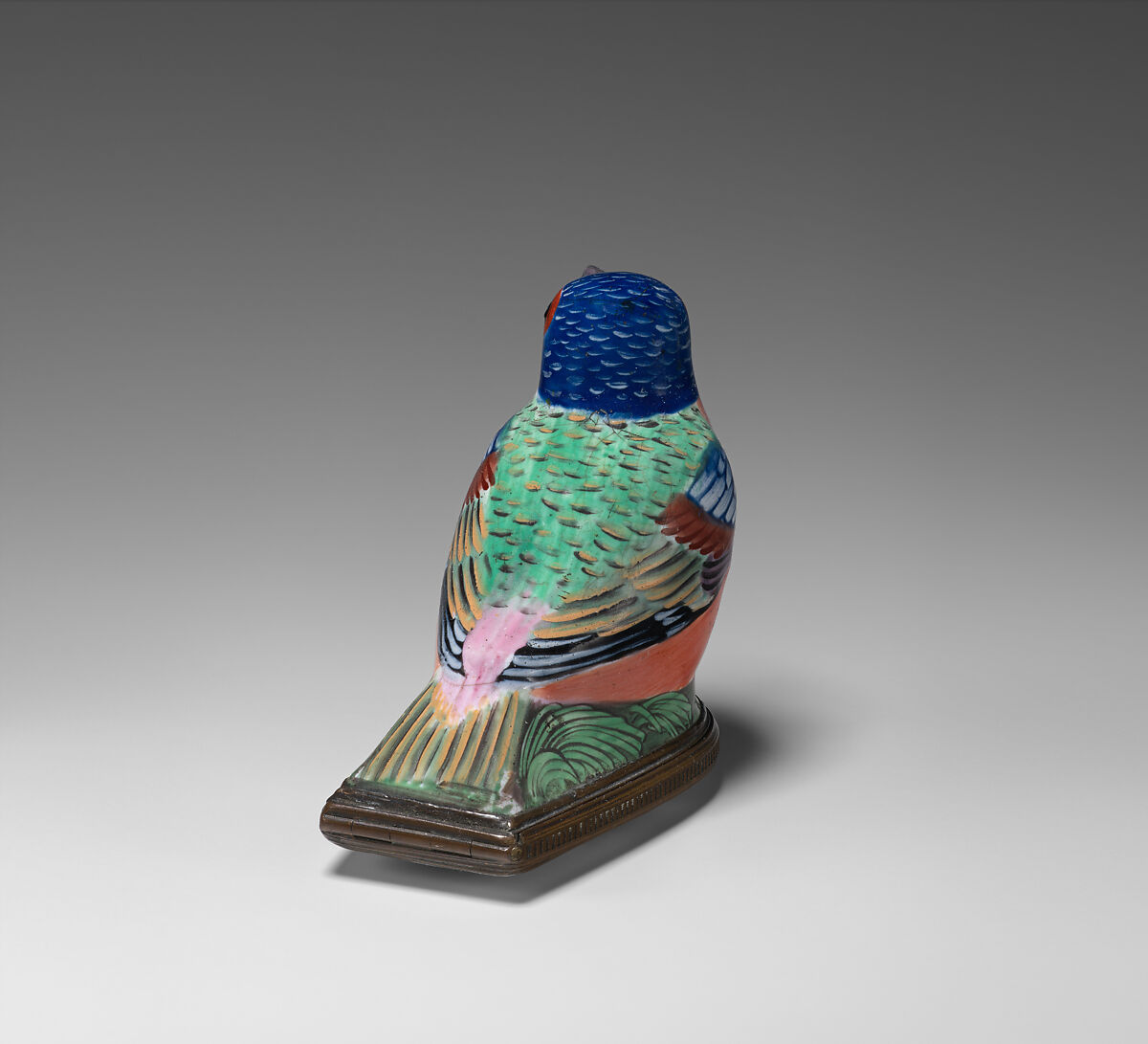 Bonbonnière in the form of a bird, Enamel on copper, British, possibly South Staffordshire
