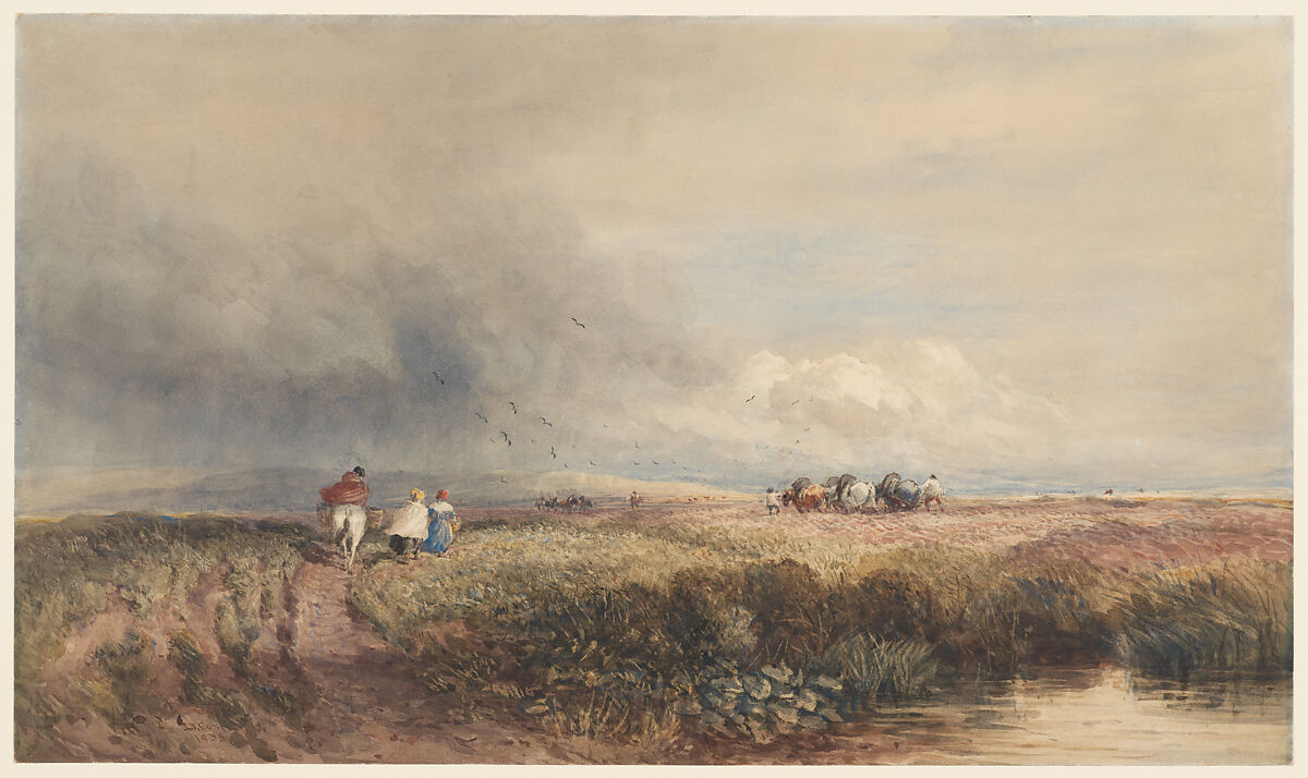 Journey Home, David Cox (British, Birmingham 1783–1859 Harborne, near Birmingham), Watercolor with reductive techniques and black chalk 