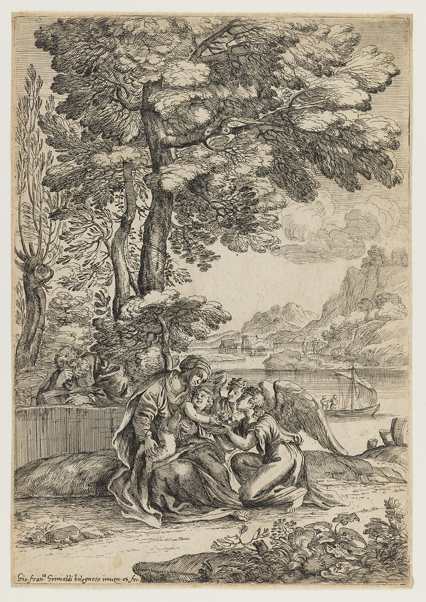 The Holy Family on the Rest on the Flight into Egypt, Giovanni Francesco Grimaldi (Italian, Bologna 1606–1680 Rome), Etching 