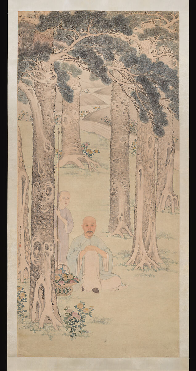 Portrait of a gentleman gathering chrysanthemums, Hua Guan (Chinese, ca. 1740–ca. 1822), Hanging scroll; ink and color on paper, China 