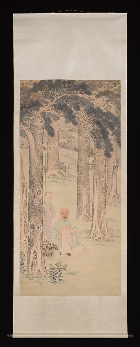 Portrait of a gentleman gathering chrysanthemums, Hua Guan (Chinese, ca. 1740–ca. 1822), Hanging scroll; ink and color on paper, China