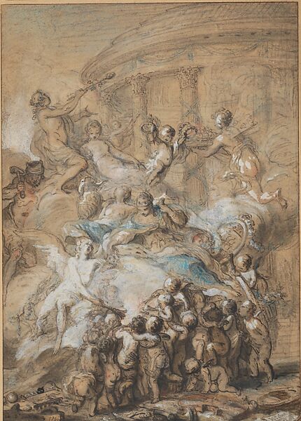 Allegory of the Marriages Performed by the City of Paris in Honor of the Birth of the Duc de Bourgogne in 1751, Gabriel de Saint-Aubin (French, Paris 1724–1780 Paris), Black chalk, pen and brown ink, brush and gray wash, with white gouache and touches of blue and red chalk 