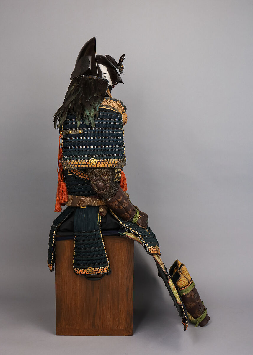 Armor (<i>Gusoku</i>) with Box, Helmet bowl by Neo Masanobu 根尾正信 (Japanese, active early 18th century), Iron, leather, lacquer, textile, silver, gold, brass, copper-gold alloy (shakudō), copper-silver alloy (shibuichi), feather, wood, glass, boar bristle, Japanese