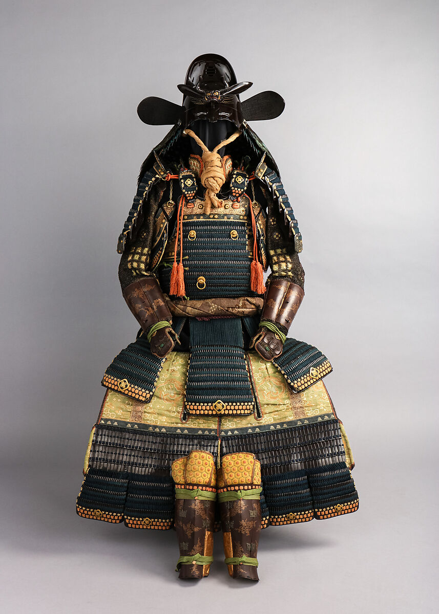 Armor (<i>Gusoku</i>) with Box, Helmet bowl by Neo Masanobu 根尾正信 (Japanese, active early 18th century), Iron, leather, lacquer, textile, silver, gold, brass, copper-gold alloy (shakudō), copper-silver alloy (shibuichi), feather, wood, glass, boar bristle, Japanese 