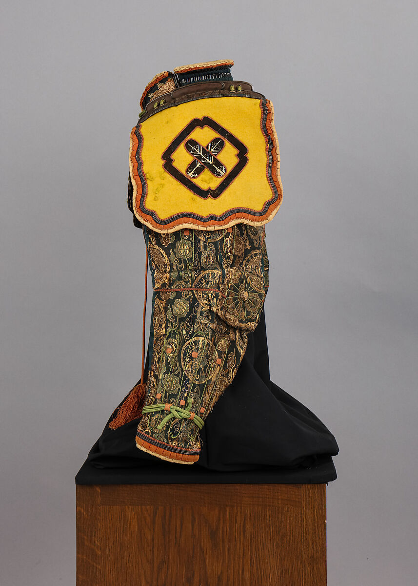 Armor (<i>Gusoku</i>) with Box, Helmet bowl by Neo Masanobu 根尾正信 (Japanese, active early 18th century), Iron, leather, lacquer, textile, silver, gold, brass, copper-gold alloy (shakudō), copper-silver alloy (shibuichi), feather, wood, glass, boar bristle, Japanese