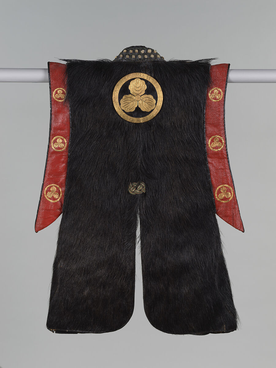 Battle surcoat (jinbaori), Bear hide with red leather and impressed gold patterns; printed cotton lining, Japan 