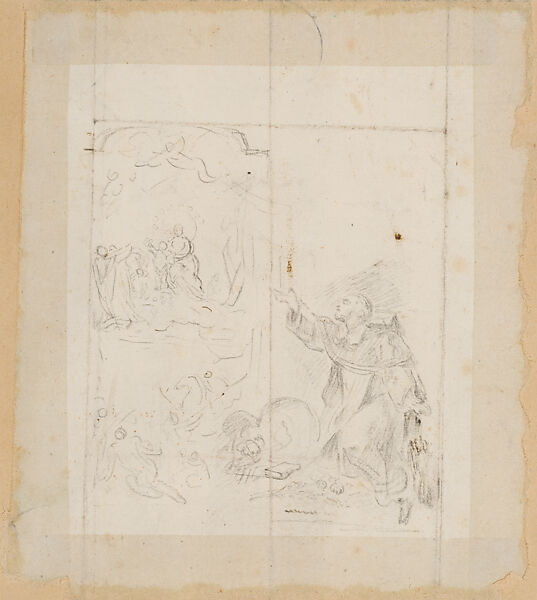 Virgin and Child with Saints Dominique and Thérèse, with vignettes featuring scenes from the life of Christ (recto); Sketches of religious scenes (verso), Gabriel de Saint-Aubin (French, Paris 1724–1780 Paris), Black chalk, pen and black ink, brush and gray wash, partial squaring in black chalk (recto); black chalk (verso)
