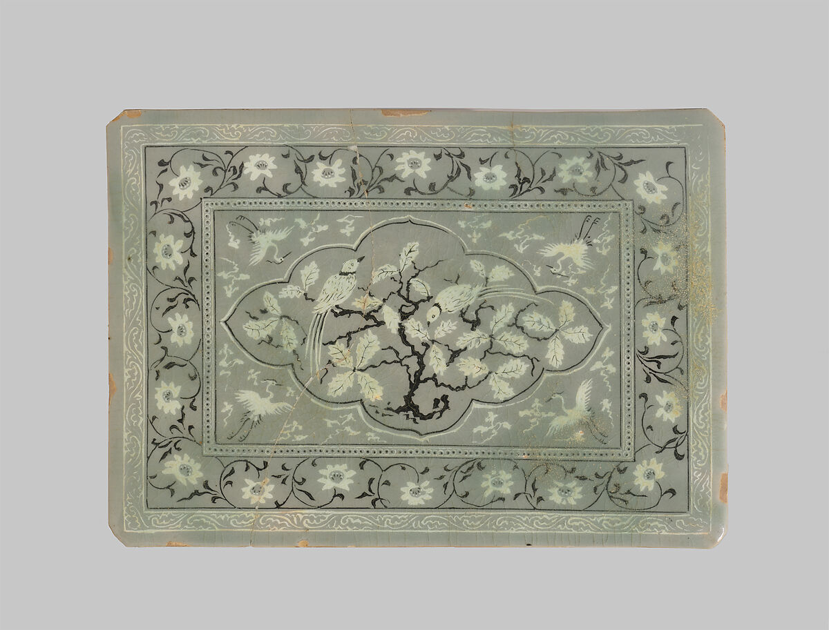 Tile decorated with birds and flowers, Stoneware with inlaid design under celadon glaze, Korea
