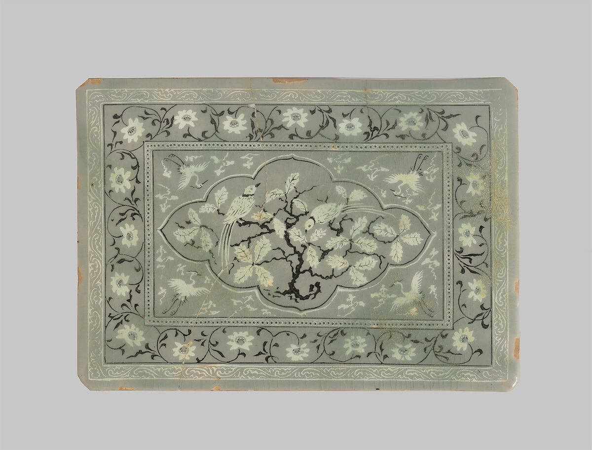 Tile decorated with birds and flowers, Stoneware with inlaid design under celadon glaze, Korea 