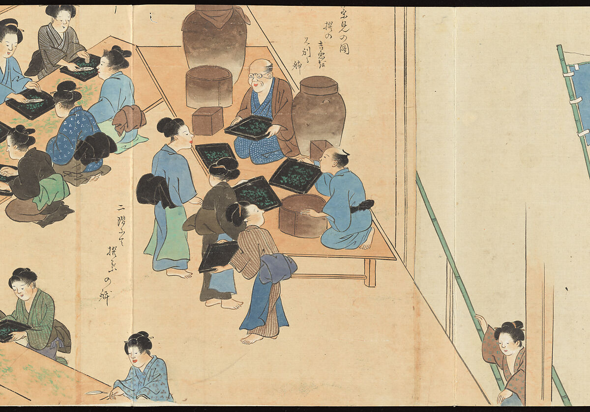Illustrations of Uji Tea Production, Painting by Saitō Motonari (Japanese, active ca. 1800), Handscroll of thirty-two sheets reformatted as a folding album (orihon), Japan