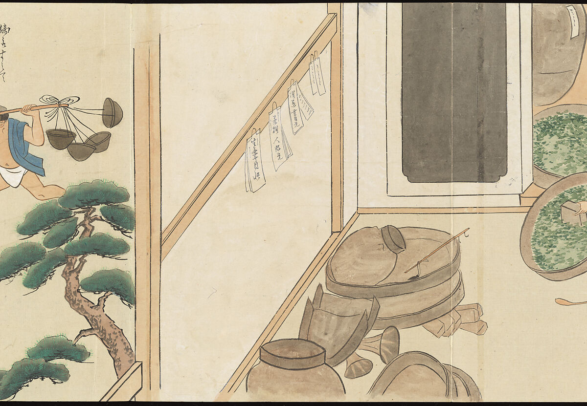 Illustrations of Uji Tea Production, Painting by Saitō Motonari (Japanese, active ca. 1800), Handscroll of thirty-two sheets reformatted as a folding album (orihon), Japan