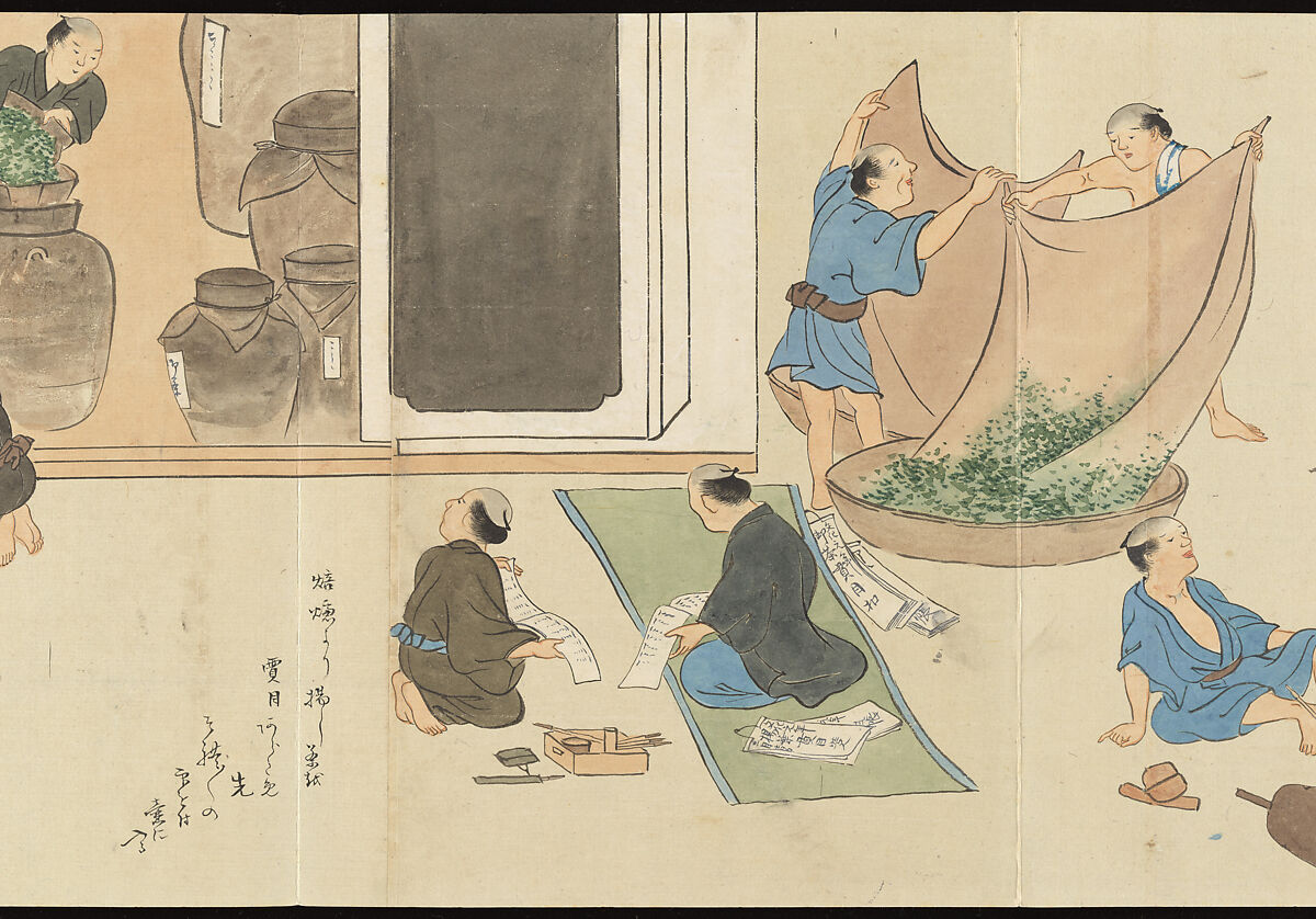 Illustrations of Uji Tea Production, Painting by Saitō Motonari (Japanese, active ca. 1800), Handscroll of thirty-two sheets reformatted as a folding album (orihon), Japan