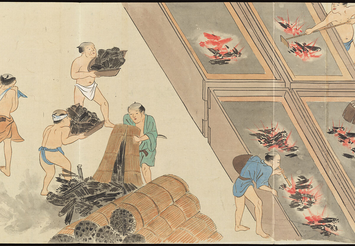Illustrations of Uji Tea Production, Painting by Saitō Motonari (Japanese, active ca. 1800), Handscroll of thirty-two sheets reformatted as a folding album (orihon), Japan