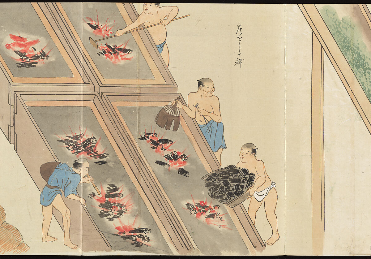 Illustrations of Uji Tea Production, Painting by Saitō Motonari (Japanese, active ca. 1800), Handscroll of thirty-two sheets reformatted as a folding album (orihon), Japan