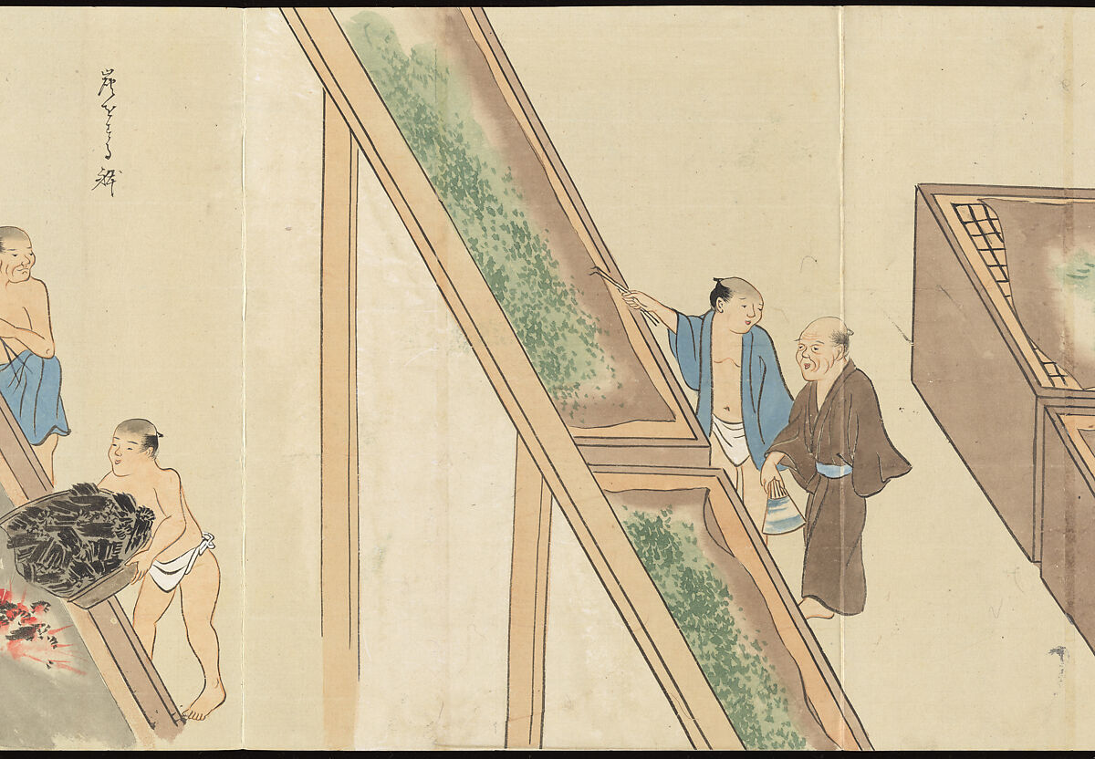 Illustrations of Uji Tea Production, Painting by Saitō Motonari (Japanese, active ca. 1800), Handscroll of thirty-two sheets reformatted as a folding album (orihon), Japan