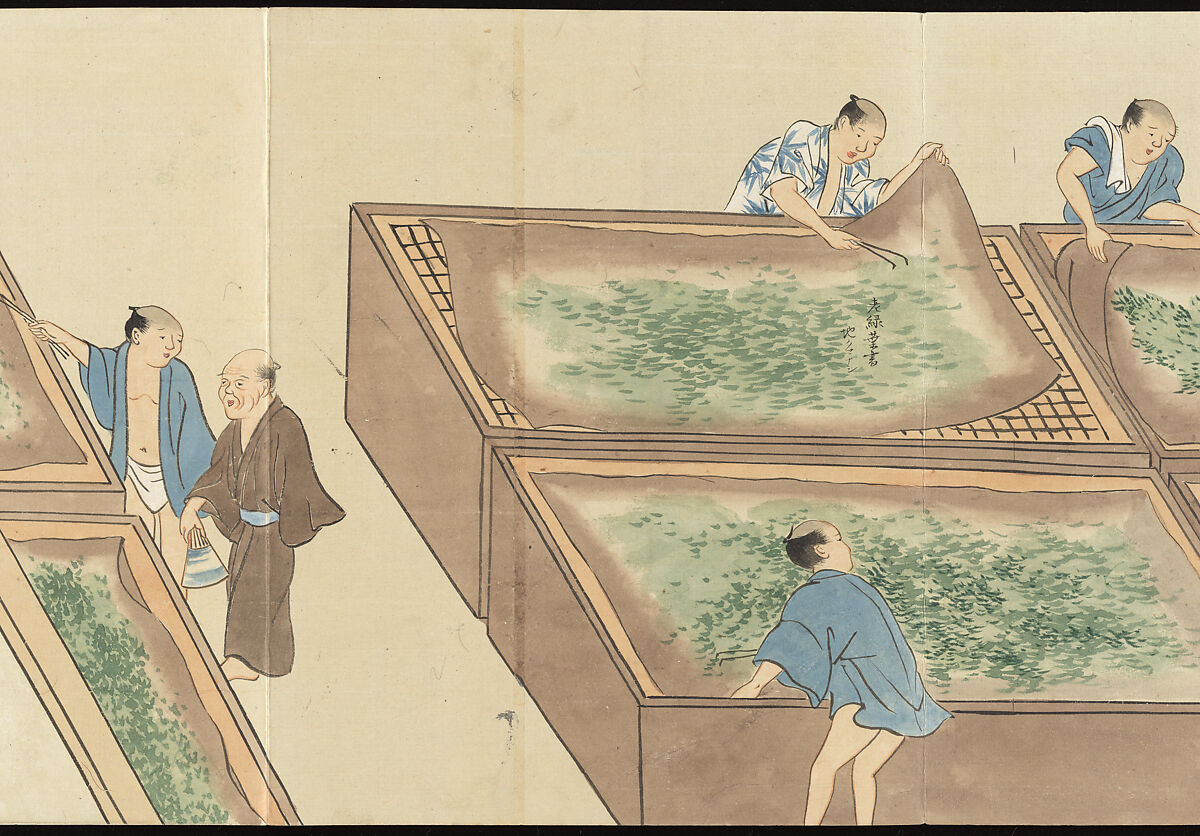 Illustrations of Uji Tea Production, Painting by Saitō Motonari (Japanese, active ca. 1800), Handscroll of thirty-two sheets reformatted as a folding album (orihon), Japan