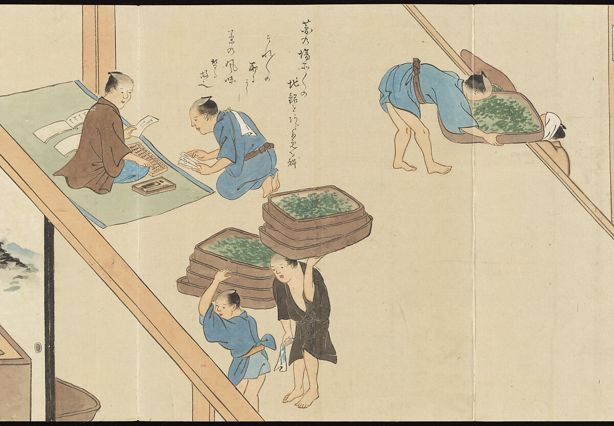 Illustrations of Uji Tea Production, Painting by Saitō Motonari (Japanese, active ca. 1800), Handscroll of thirty-two sheets reformatted as a folding album (orihon), Japan