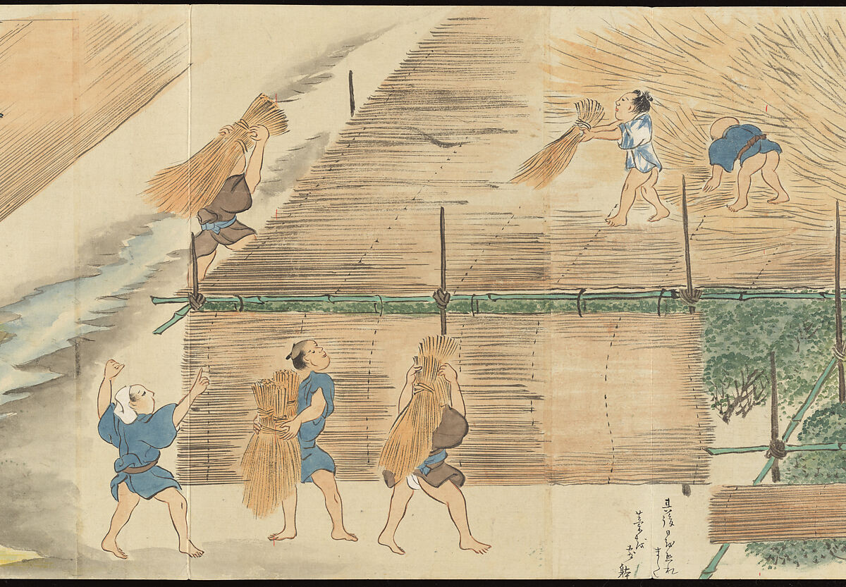 Illustrations of Uji Tea Production, Painting by Saitō Motonari (Japanese, active ca. 1800), Handscroll of thirty-two sheets reformatted as a folding album (orihon), Japan