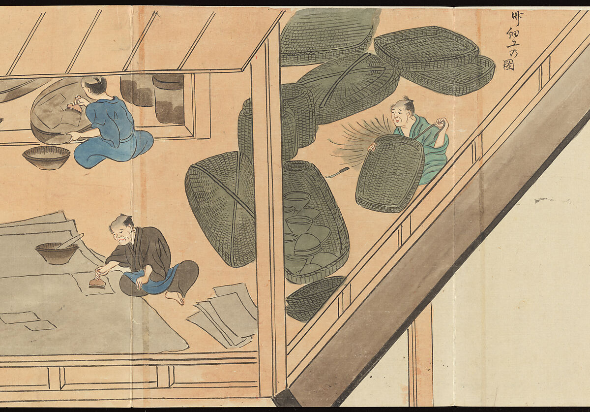 Illustrations of Uji Tea Production, Painting by Saitō Motonari (Japanese, active ca. 1800), Handscroll of thirty-two sheets reformatted as a folding album (orihon), Japan