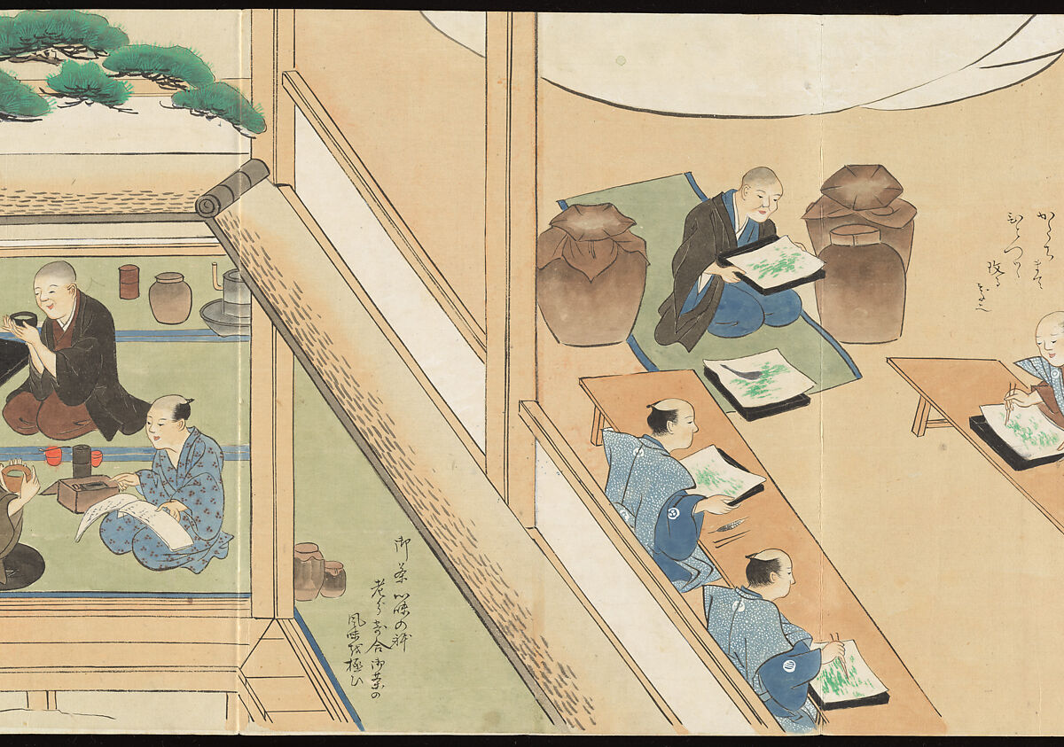 Illustrations of Uji Tea Production, Painting by Saitō Motonari (Japanese, active ca. 1800), Handscroll of thirty-two sheets reformatted as a folding album (orihon), Japan