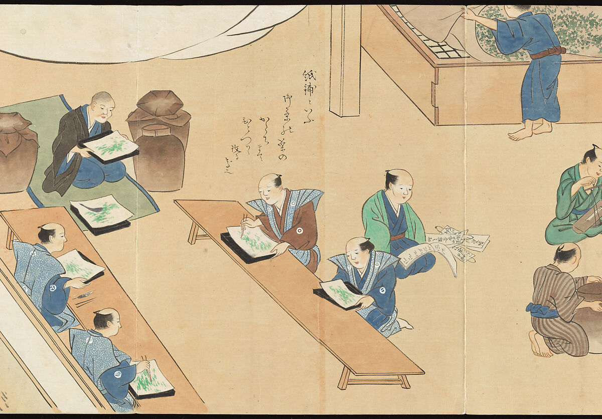 Illustrations of Uji Tea Production, Painting by Saitō Motonari (Japanese, active ca. 1800), Handscroll of thirty-two sheets reformatted as a folding album (orihon), Japan