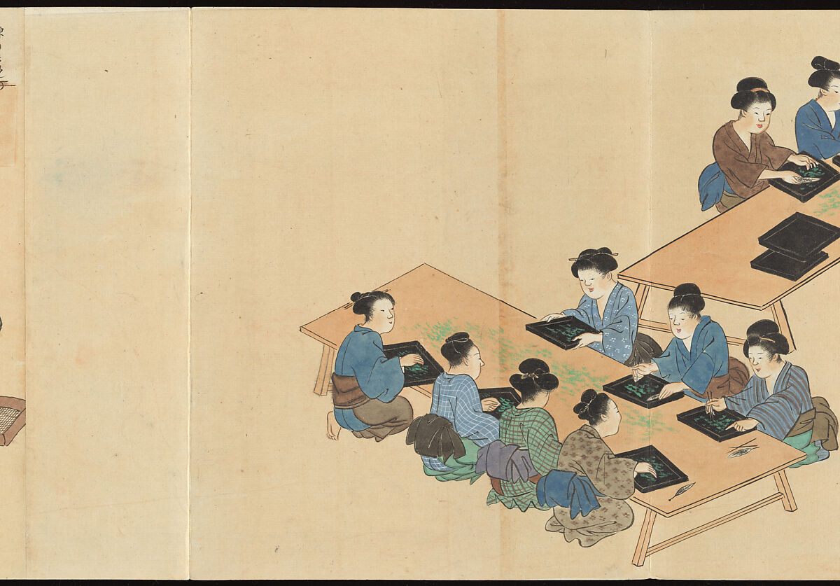 Illustrations of Uji Tea Production, Painting by Saitō Motonari (Japanese, active ca. 1800), Handscroll of thirty-two sheets reformatted as a folding album (orihon), Japan