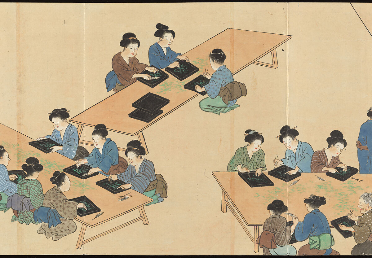 Illustrations of Uji Tea Production, Painting by Saitō Motonari (Japanese, active ca. 1800), Handscroll of thirty-two sheets reformatted as a folding album (orihon), Japan