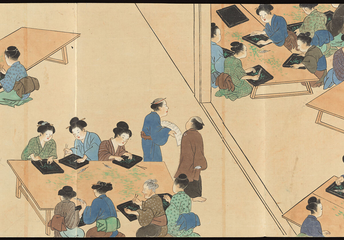 Illustrations of Uji Tea Production, Painting by Saitō Motonari (Japanese, active ca. 1800), Handscroll of thirty-two sheets reformatted as a folding album (orihon), Japan