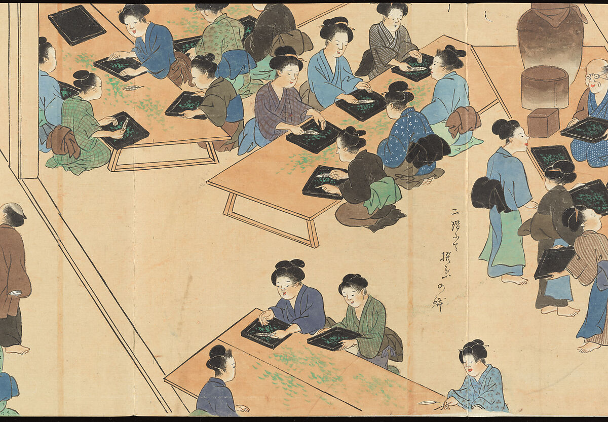 Illustrations of Uji Tea Production, Painting by Saitō Motonari (Japanese, active ca. 1800), Handscroll of thirty-two sheets reformatted as a folding album (orihon), Japan