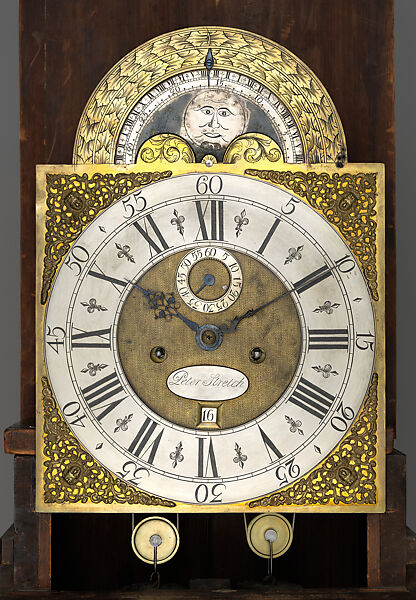 Movement - Peter Stretch (American, 1670–1746), Mahogany, pine; brass, steel, iron, bronze, silver, glass, American