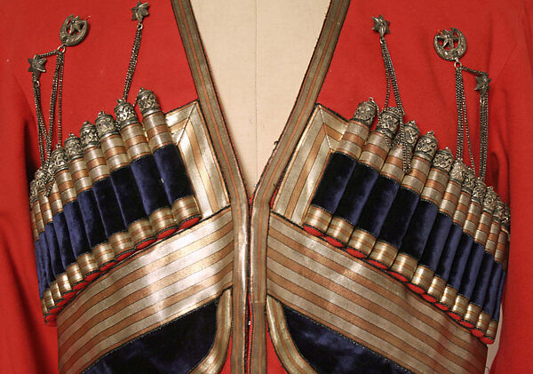 Military Uniform, Wool, cotton, metal wrapped thread, silver, leather, fur, and metal