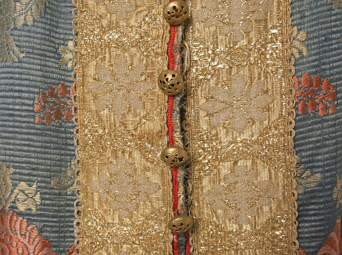 Dress, silk, metallic thread, brass, Russian