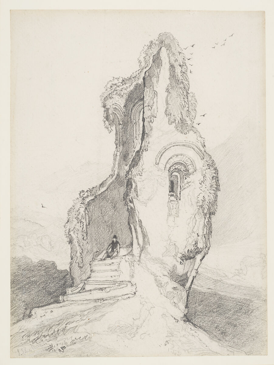 A Figure Resting in a Ruined Tower, John Sell Cotman (British, Norwich 1782–1842 London), Graphite 