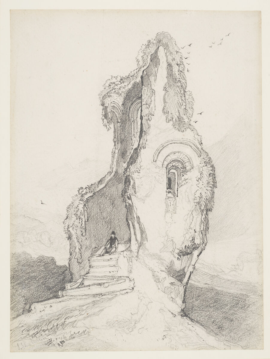 A figure resting in a ruined tower, John Sell Cotman (British, Norwich 1782–1842 London), Graphite 