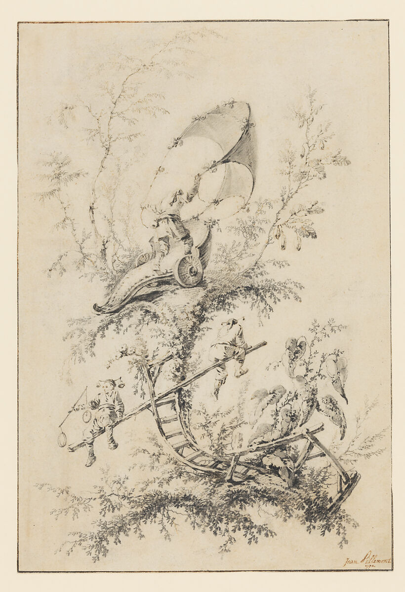 Design for the "Cahier de Balançoires Chinoises", Jean Pillement (French, Lyons 1728–1808 Lyons), Black chalk, with stumping; framing lines in pen and brown ink 