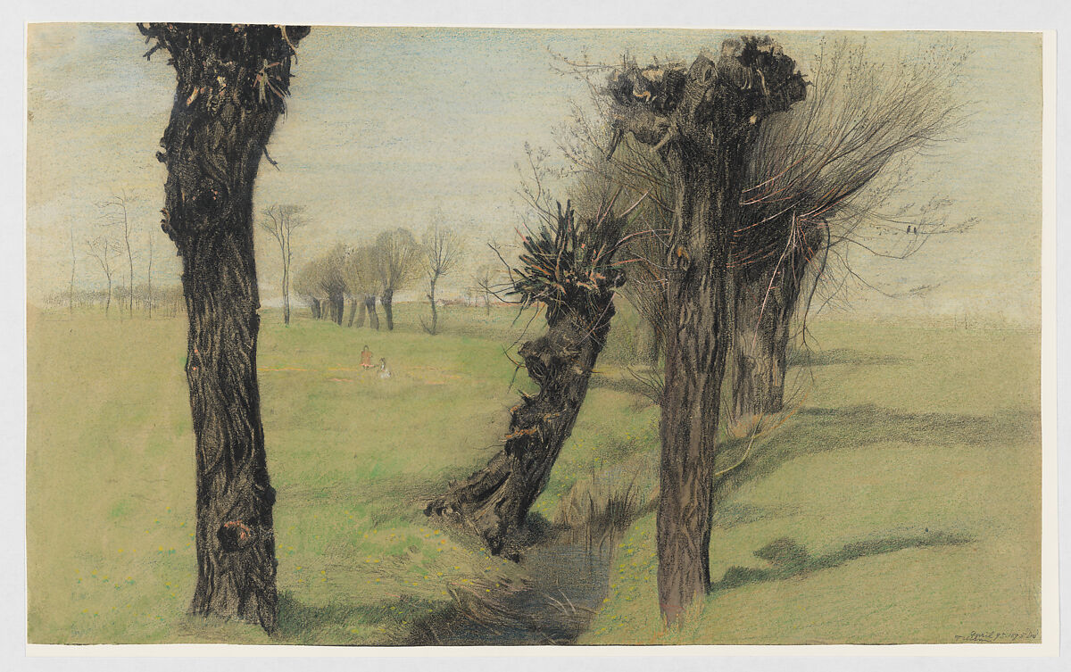 Willow trees at a brook, Emilie Mediz-Pelikan (Austrian, Vöcklabruck 1861–1908 Dresden), Colored wax crayon, conté crayon, watercolor, graphite, and gum arabic on machine-made wove paper 