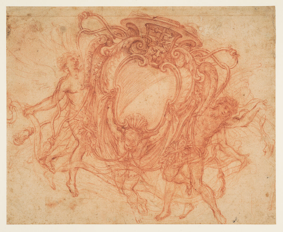 Design for the Coat of Arms of a Cardinal with three Angels, Attributed to Pietro da Cortona (Pietro Berrettini) (Italian, Cortona 1596–1669 Rome), Red chalk 