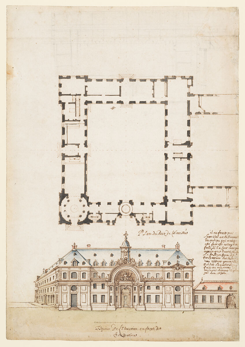 Perspectival View and Floorplan of a Public (?) Building, Anonymous, French, 17th century, Pen and brown ink and watercolor over black chalk 