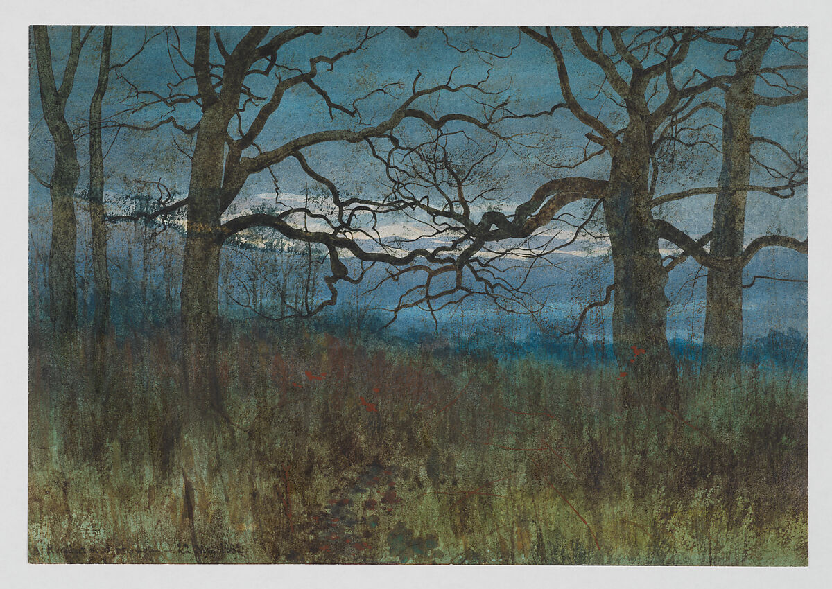 A Recollection of Stevington, Bedfordshire–A Spinney in December, William Fraser Garden (British, Gillingham, Kent 1856–1921 Huntingdon), Gouache (bodycolor), watercolor, gum, graphite, reductive techniques 